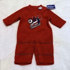 Little Legend Vintage Snap Romper Red Fleece  Velour Appliqued Dog Sledge 3-6m